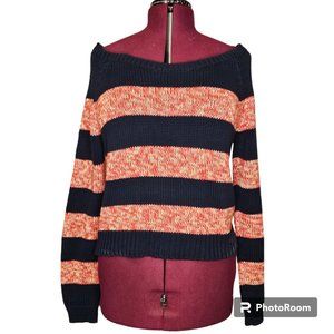 American‎ Eagle Outfitters Off Shoulder Crop Sweater Boatneck Blue Orange Sz Lrg